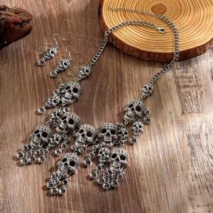 Gothic Silver Skull Necklace & Earrings Set – Statement Punk Jewelry